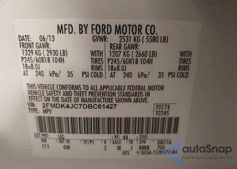 2013 Ford Edge Sel из США, поврежденный, VIN 2FMDK4JC7DBC61427